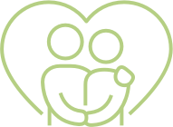Green icon of two figures embracing inside a heart symbol representing memory care support.