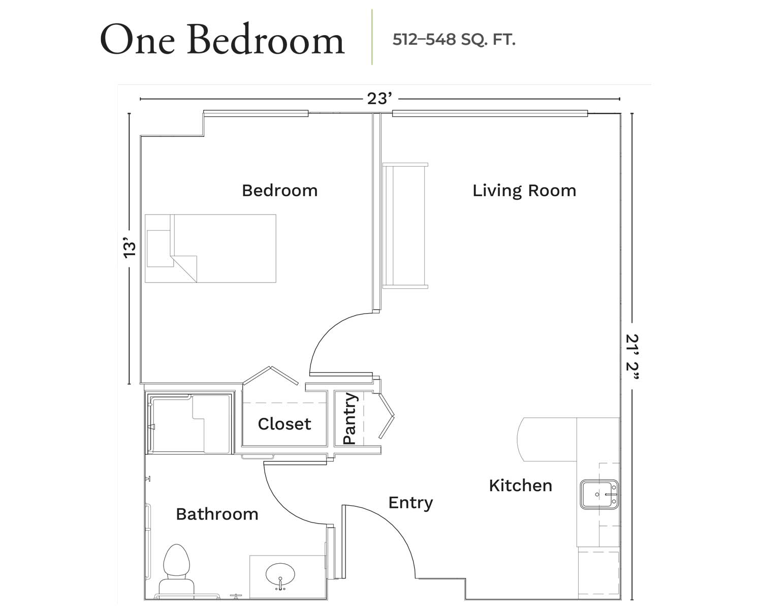 One-bedroom apartment floor plan with dimensions, showing bedroom, living room, kitchen, and bathroom.