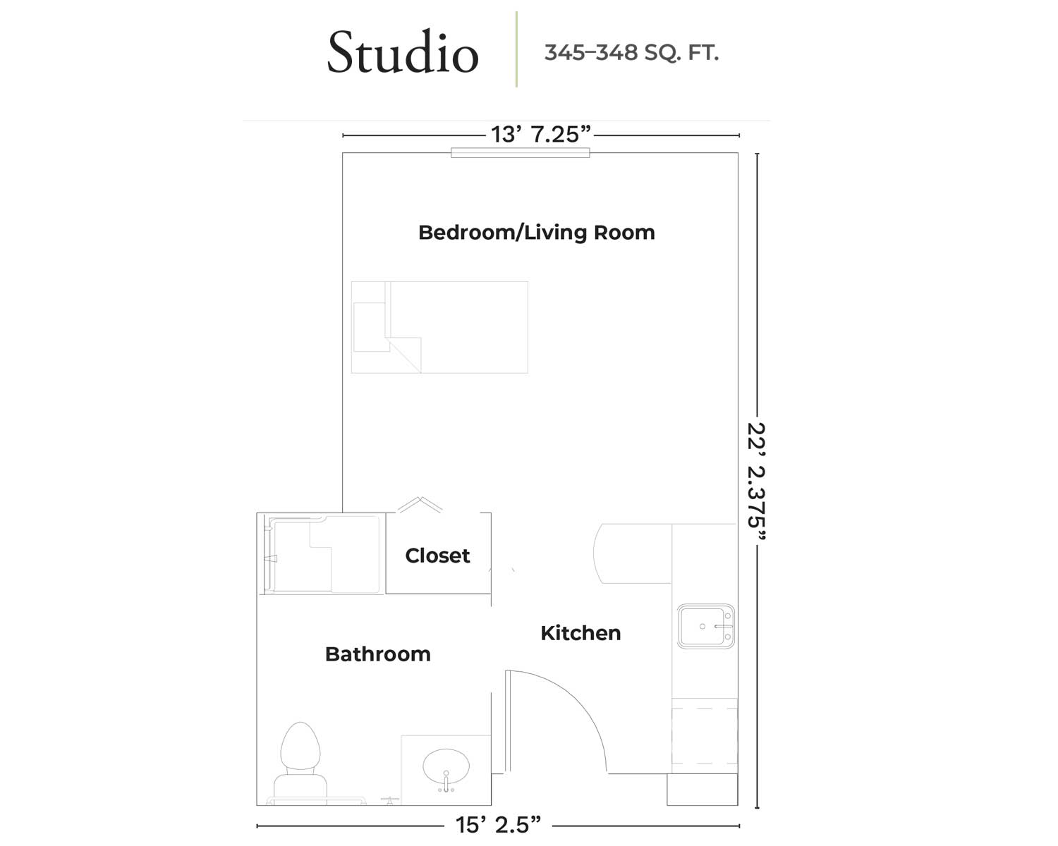 Studio apartment floor plan with bedroom, kitchen, bathroom, and closet areas labeled.