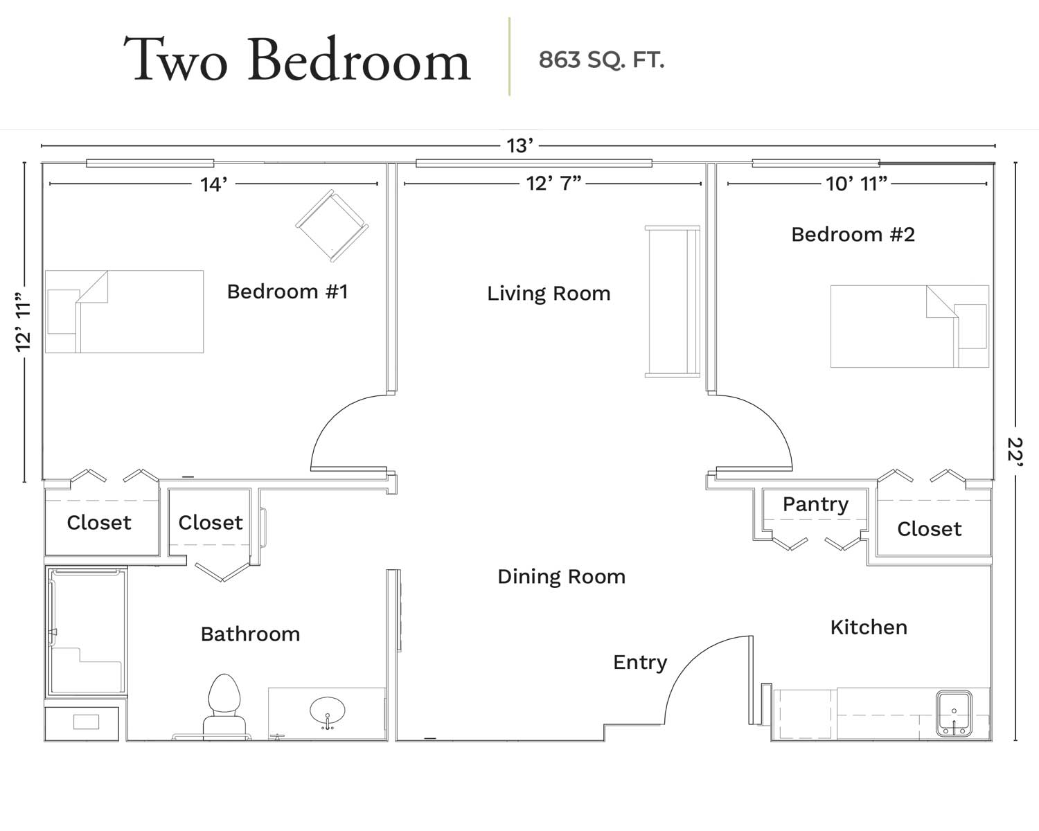 Floor plan of a two-bedroom apartment with 863 square feet, featuring living room, dining room, kitchen, and bathroom.