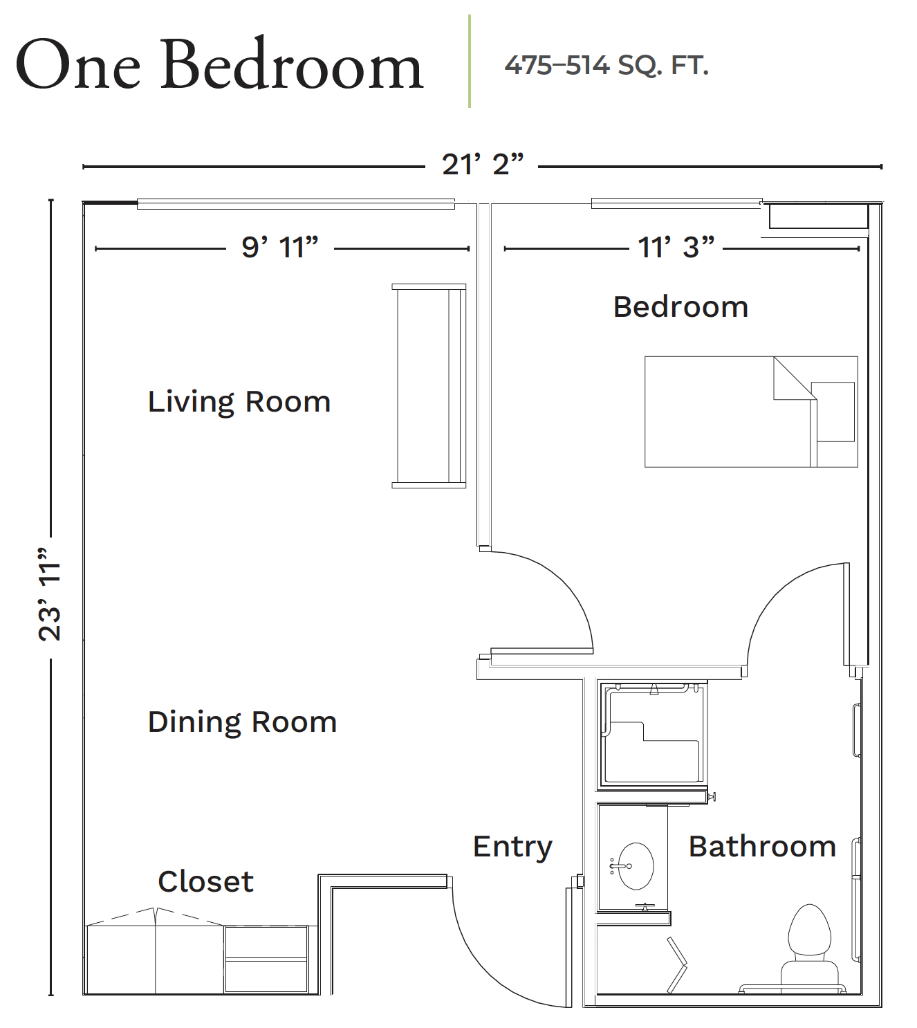 Floor plan of a one-bedroom apartment unit with living room, dining room, bedroom, bathroom, and closet.
